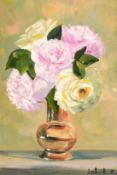 20th century, A still life study of roses in a vase, oil on canvas laid down, indistinctly signed,