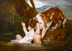 19th century school, A scene of a dog rescuing a child from a river, oil on canvas, 9.5