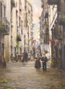 De Rosa (20th century) Italian, Figures on a busy continental street, oil on board, signed, 16