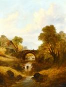 J. Andrews (19th century school) British, an angler on a mountain stream with a watermill and bridge