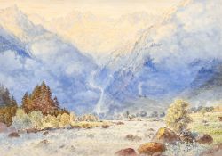 Charles Jones Way (1834-1919) British, An Alpine view with snow-capped mountains and a raging