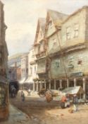 Alfred Leyman (1856-1933) British, A busy west country town with figures in the street, watercolour,