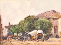F. Lawson (c.1914) British, A street scene with wagons stationed at a market square with figures,