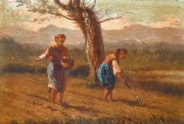 19th century, A scene of two female figures sowing crops, oil on panel, 4.5