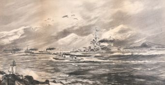 Early 20th century British school, A scene of a battleship leaving port accompanied by a flotilla,