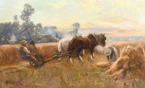 George Smith RSA (1870-1934) Scottish, Figures harvesting at dusk, oil on canvas, signed and