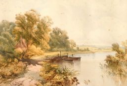 John Steeple (1823-1887) British, Boats moored in a river landscape with a bankside cottage,