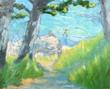 Barbara Haines (20th century) Falmouth, A figure on a pathway between trees, with surfers beyond,