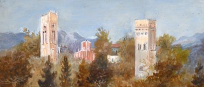 20th Century Continental School. A View of Towers in a Country Landscape with Hills in the Distance,