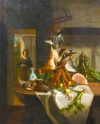 Circle of David de Noter (1818-1892) Belgian, A still life of game and lobsters on a table with a