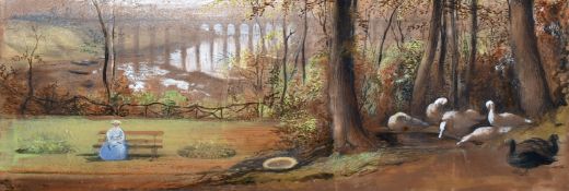 19th century English school, A lady seated in parkland with geese, watercolour, indistinctly signed,