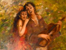 Jeno Dukai Takach (1888-1956) Hungarian, A scene of two females singing with one holding a violin,