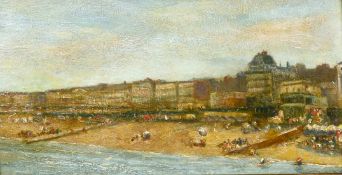 19th/20th century, figures on a beach with classical buildings beyond, oil on board, 6