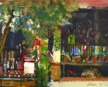 South East Asian School? , A jungle hut with plants and chickens, oil on paper, indistinctly