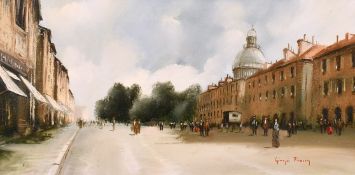 20th century Italian school, A scene of figures on a busy city street, oil on canvas, indistinctly