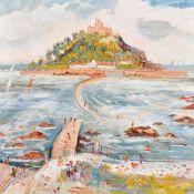 Simeon Stafford (b. 1956) British, 'The Mount' a view of figures on the walkway at St. Michael's,