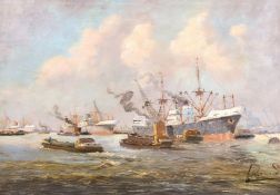 20th century continental school, shipping in a busy port, oil on canvas, indistinctly signed, 19.75