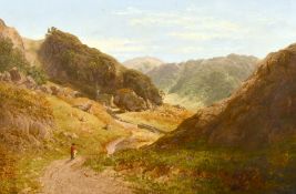 Circle of David Cox, A view of Borrowdale, A figure on a path with a landscape beyond, oil on
