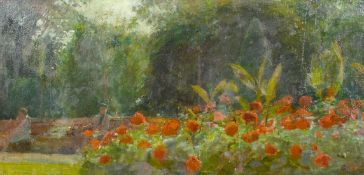 Fred Dubery (1926-2007) British, A scene of figures on park benches with red flowers in the
