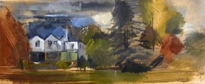 Timothy Gibbs (1923) British, 'Delafores' A country house surrounded by trees and hills, watercolour