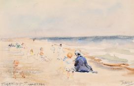 Theodore Zimmerman (b. 1937), Children playing on a jersey beach, watercolour, signed and inscribed,