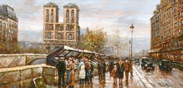 20th century school, Manner of Cortes, figures on a busy Paris street, indistinctly signed, oil on