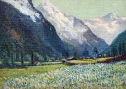 H. E. Lewis, A scene of wildflowers in an Alpine valley, oil on canvas, signed verso, 10