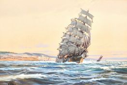 A. D. Bell (20th century) British, 'Evening in the Channel', a clipper at full sail off a