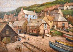 Henry Samuel Merritt (1884-1963) British, Figures in a west country port village, oil on canvas,