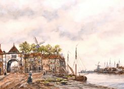 Jan Van Couver (1864-1910) Dutch, A Dutch Port scene with a figure loading produce onto a boat