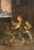 Robert Easton Stuart (1890-1940) British, A young boy in a cottage interior feeding dogs, oil on