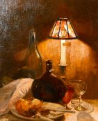 G. Ashworth, circa 1920, A still life study of a table setting by lamplight, oil on canvas,