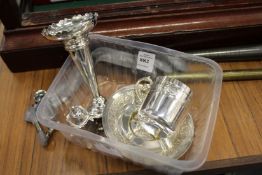 A silver bud vase and pepperette together with a white metal cup and saucer.