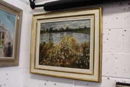 A Lakeside Landscape with Wild Flowers in the Foreground oil on canvas.