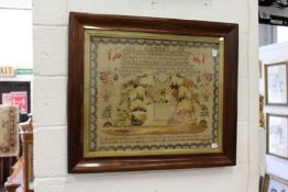 A Victorian rosewood framed pictorial tapestry sampler.