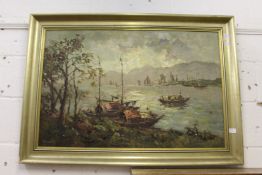 H. Leung Fishing Boats in a Harbour oil on canvas, signed.