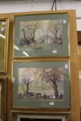 Helen Bradley, a pair of colour prints depicting figures in a landscape.