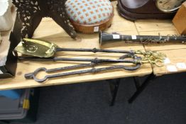 A good set of three brass and wrought iron fireside tools.