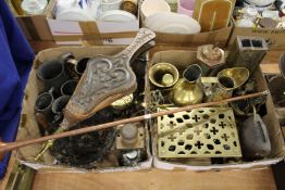 A quantity of brass, copper and other metalware to include pewter tankards, bellows, hunting horn