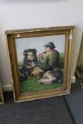 A Young Boy Playing a Pipe, Seated with Two Dogs oil on board.