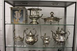 A plated ice bucket, coffee service, kettle on stand etc.