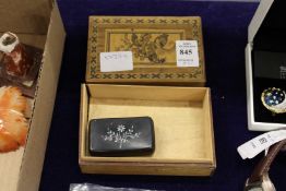 A Tunbridge ware box and a small snuff box.