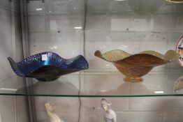 Richard Golding, a pair of colourful frosted glass Okra dishes with wavy rims and lustre