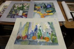 Sophie Louise Wilson, a still life of bottles and fruit watercolour, unframed and two others.