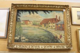 A Street Scene with a Pond oil on board.