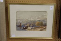 A Continental Coastal Landscape with Sailing Ship and Mountains Beyond watercolour.