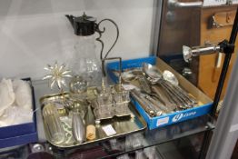 A silver part cruet set, claret jug and other items.