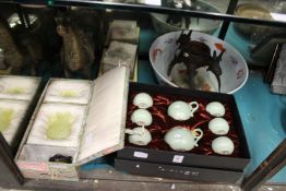 A jade vase, cover and stand, boxed and other oriental wares.