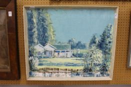 Colourful landscape with cottage and pond, oil impasto on canvas.