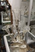 A silver plate and cut glass epergne (some trumpets replaced / lacking).